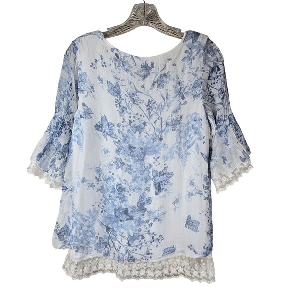 Elena Baldi Delicate White & Blue Floral Silk Blouse Lace Trim S Made In Italy - Picture 2 of 5
